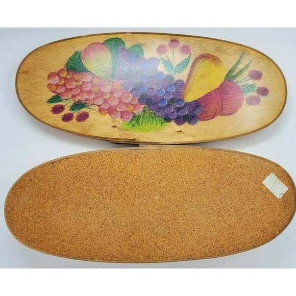 Vintage Bamboo Oval Storage Box Hand Painted Fruit Design Signed 16" Tole Decor - Picture 10 of 10